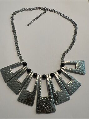 Hammered Silver-Tone Statement Necklace with Black Bead Accents